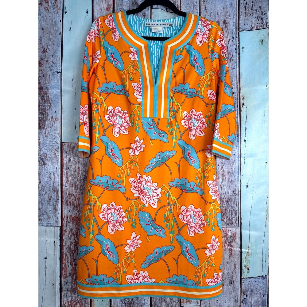 Gretchen Scott Orange Floral Tunic Dress XS Womens 3/4 Sleeve Shift Split Neck